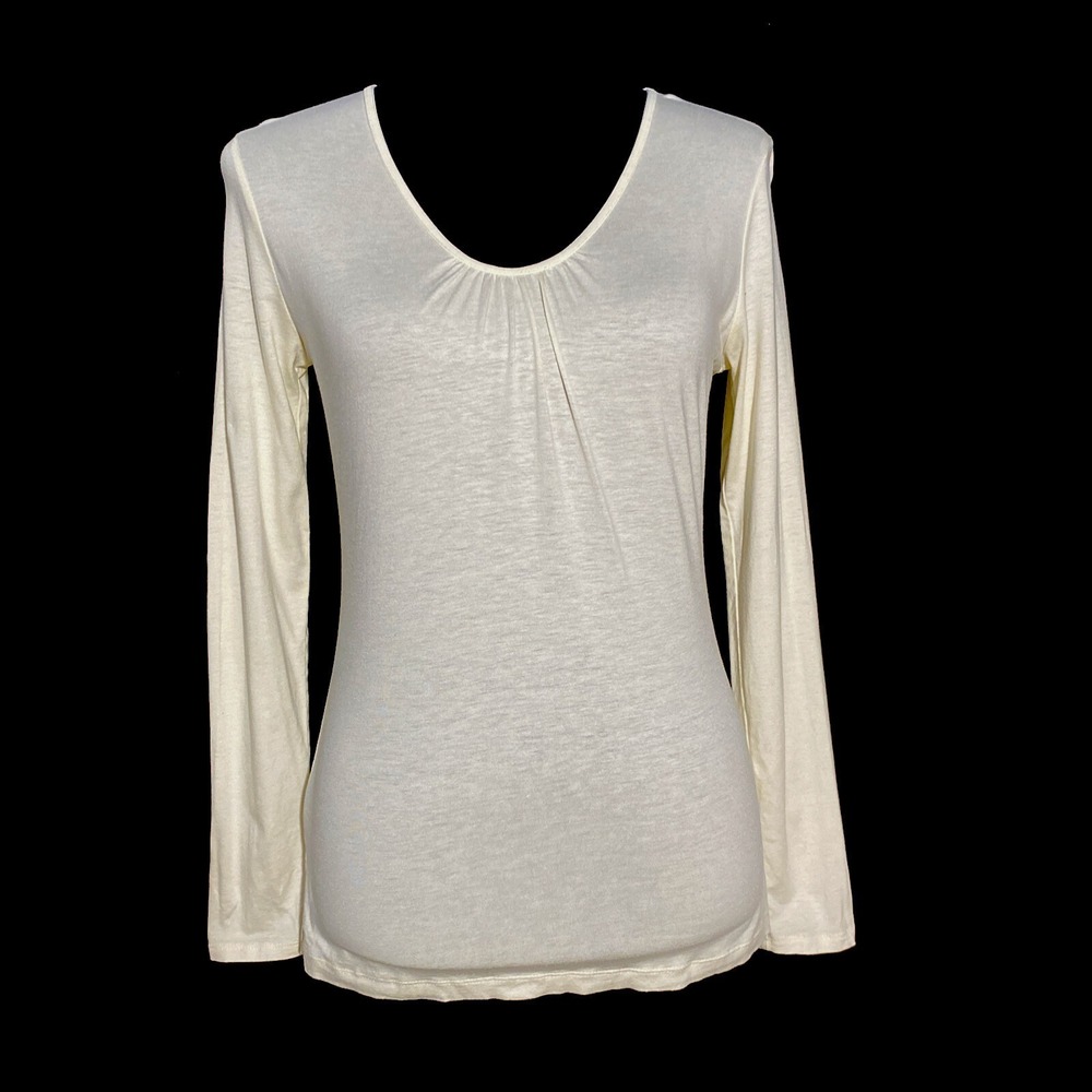 Banana Republic Lux Tee Shirt SMALL P Ivory Velvet Trim Scoop Gather Top CUTE